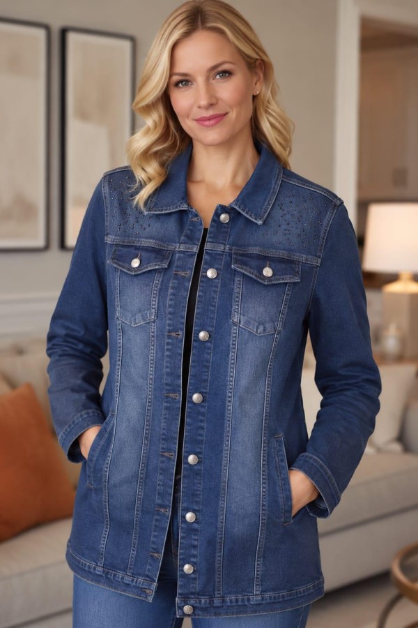 BONITA  OMUZLARI TASLI KAPAK CEPLI UZUN  DENIM MONT