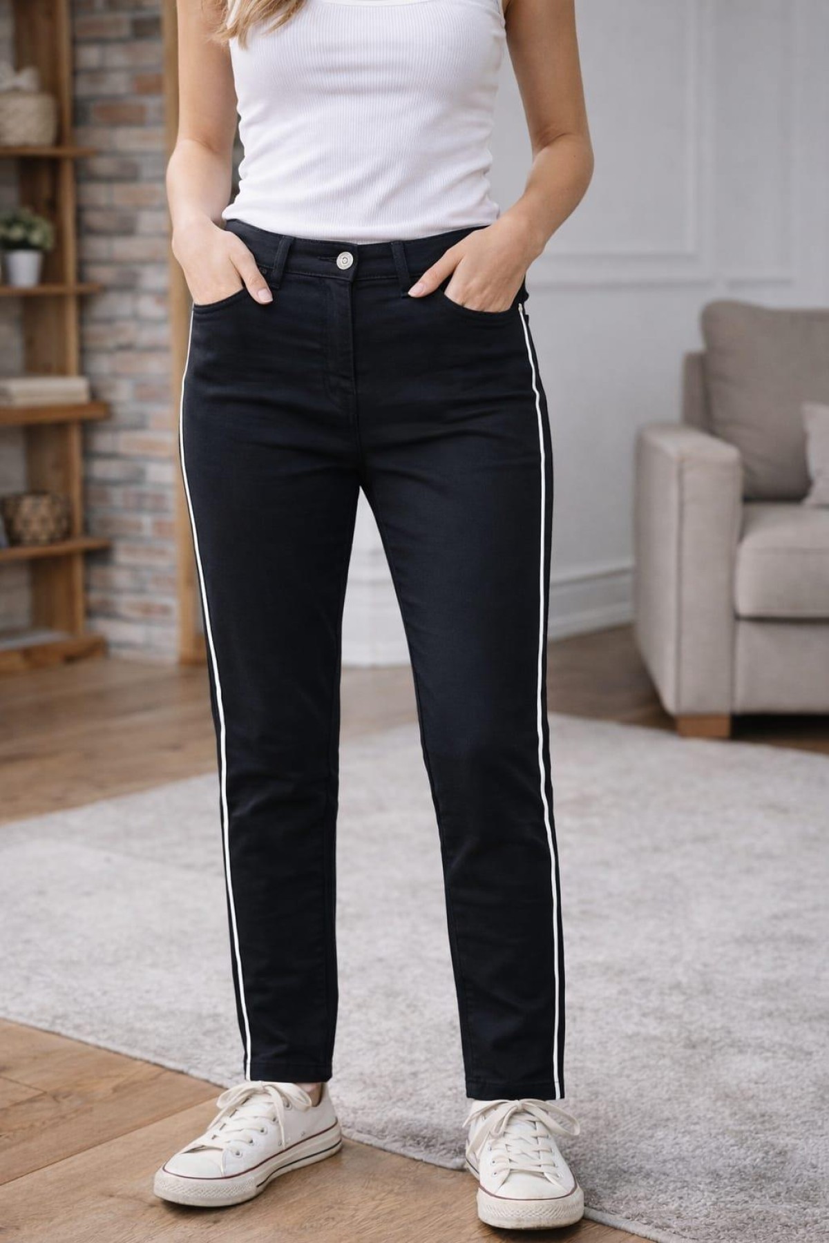 BONITALIZ 583 YANLARI ZINCIRLI YUKSEK BEL 5 CEP LIKRALI  DAR PACA PANTOLON