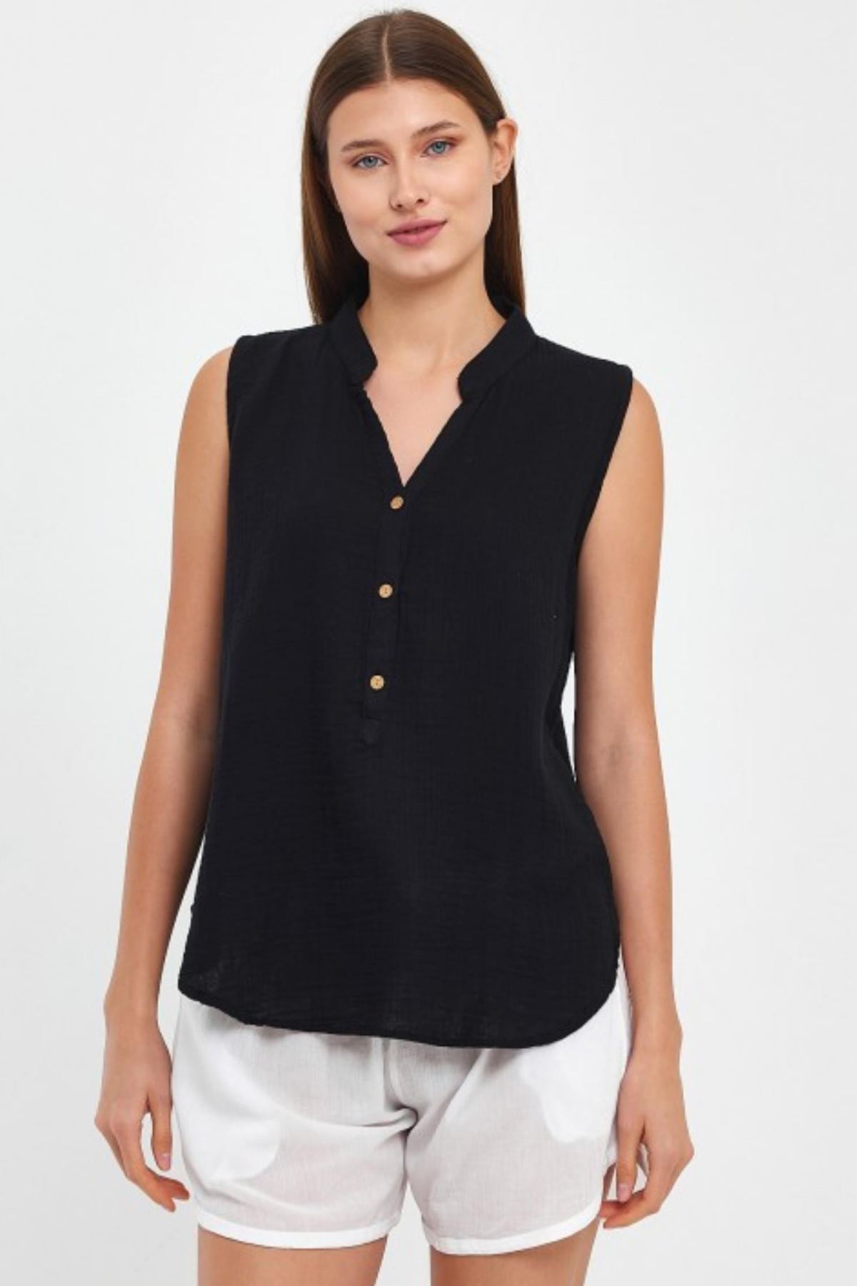 HEAVEN 1070 MUSLIN HAKIM YAKA  SIFIR KOL BLUZ