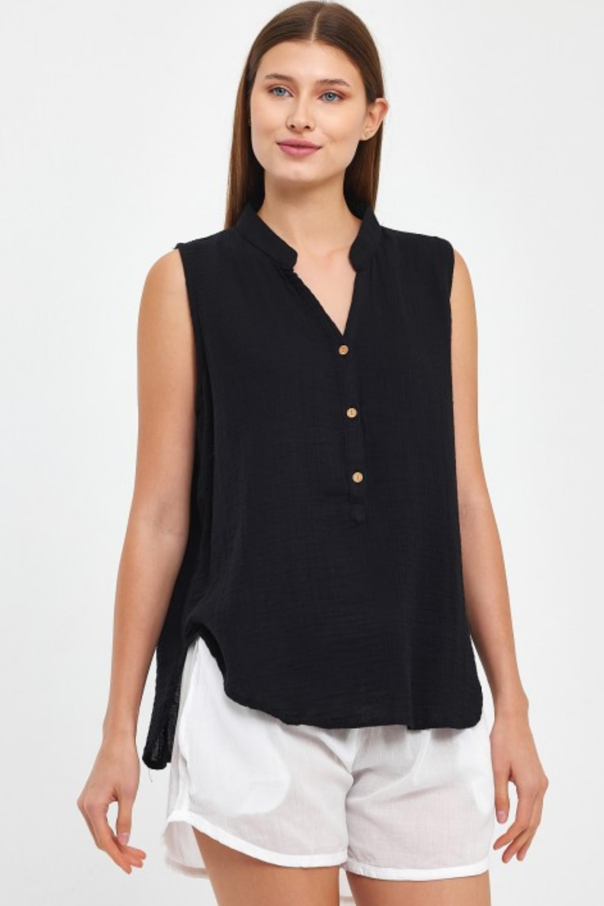 HEAVEN 1070 MUSLIN HAKIM YAKA  SIFIR KOL BLUZ