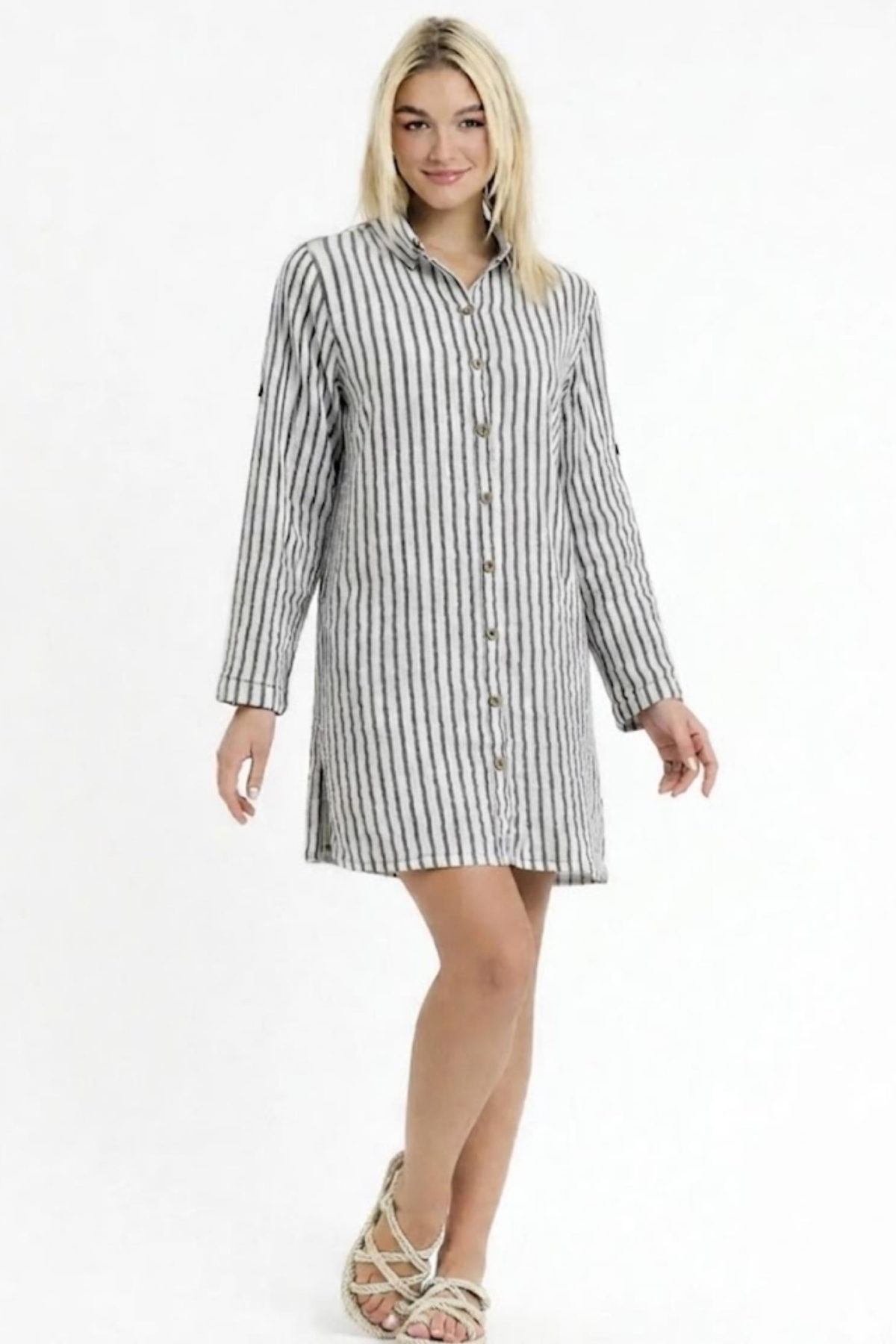 HEAVEN 1195  MUSLIN CIZGILI DESENLI YAKALI KADIN  TUNIK