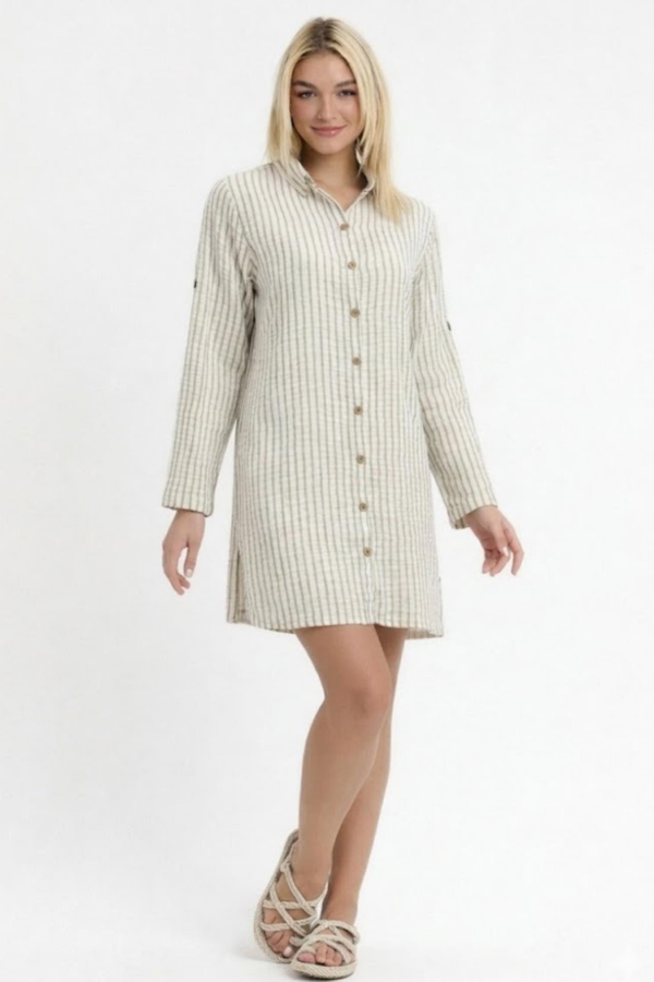 HEAVEN 1195  MUSLIN CIZGILI DESENLI YAKALI KADIN  TUNIK