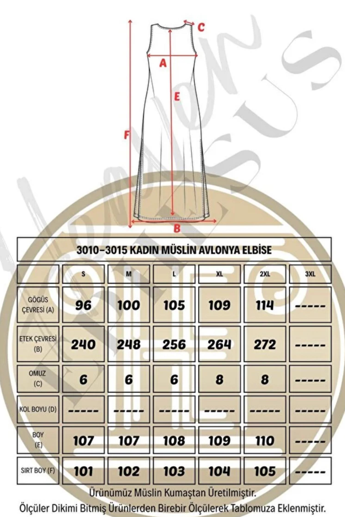 HEAVEN 3015 MUSLIN AVLONYA KOLSUZ ELBISE