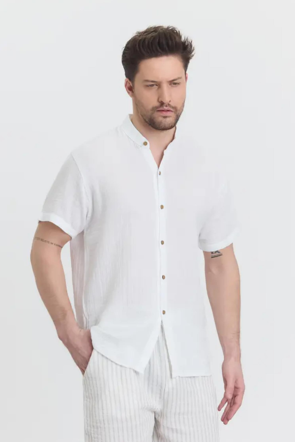 HEAVEN 4050 MUSLIN HAKIM YAKA BATTAL KISA KOL ERKEK GOMLEK