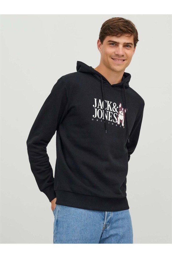 JACK&JONES 12244219 ORGINALS YAZILI KOPEK BASKILI KAPUSONLU SWEAT