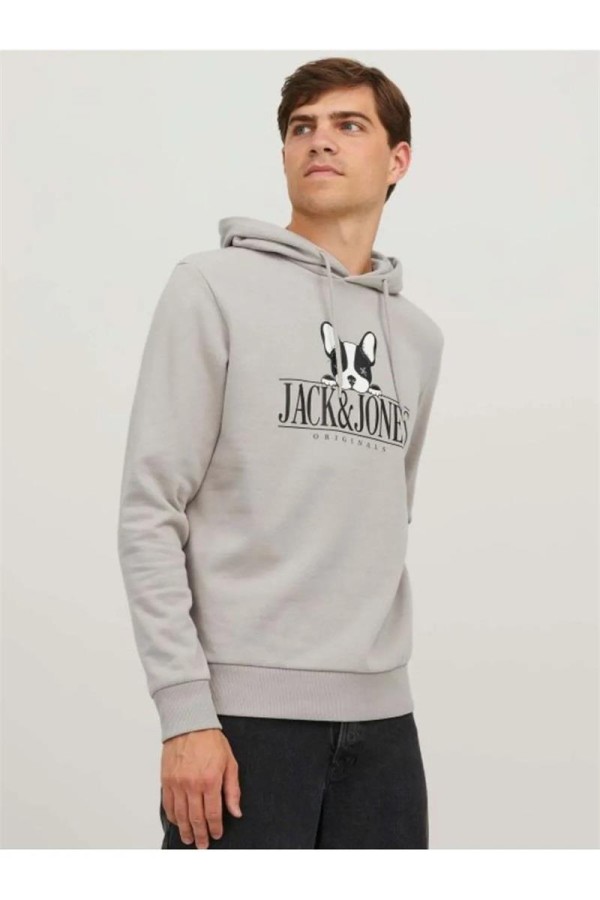 JACK&JONES 12244219 ORGINALS YAZILI KOPEK BASKILI KAPUSONLU SWEAT