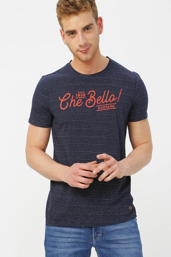 MUSTANG 00386 GENIS YAKA CIZGILI KISA KOL BELLO YAZILI