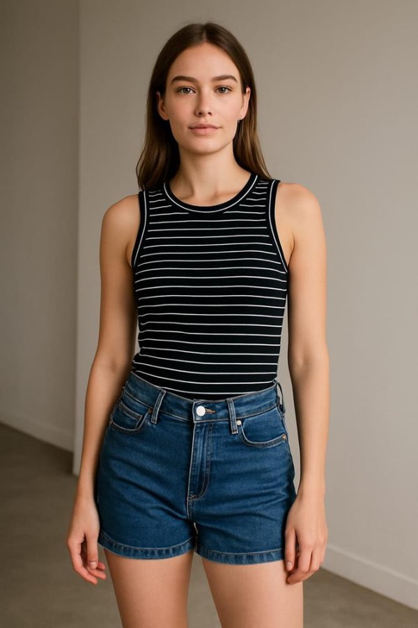 ONLY SİMLI TRIL TRIL KUMAS KOLSUZ YUVARLAK YAKA BODY