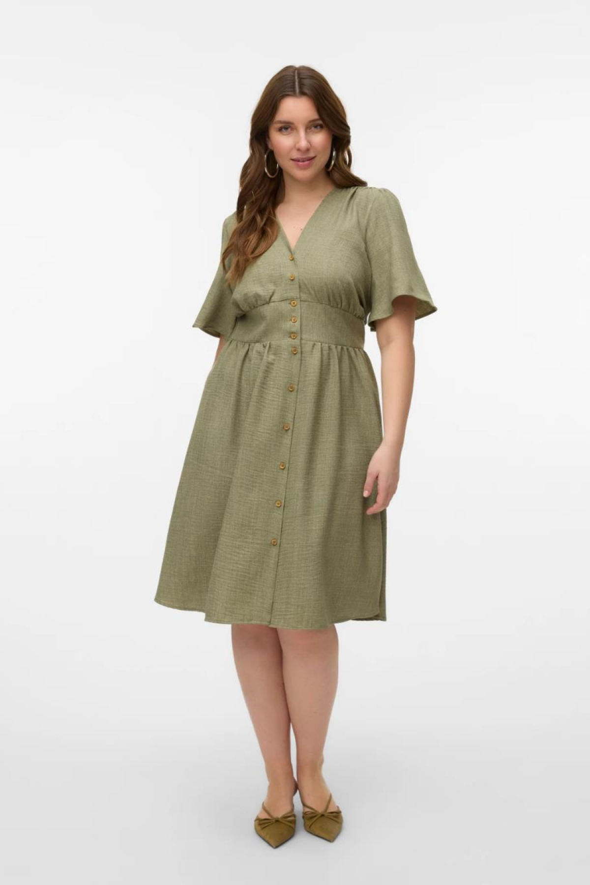 VERO MODA 10337076 V YAKA BATTAL ONU DUGMELI BEL LASTIK GORONOMLU KIS AKOL ELBISE TSHIRT