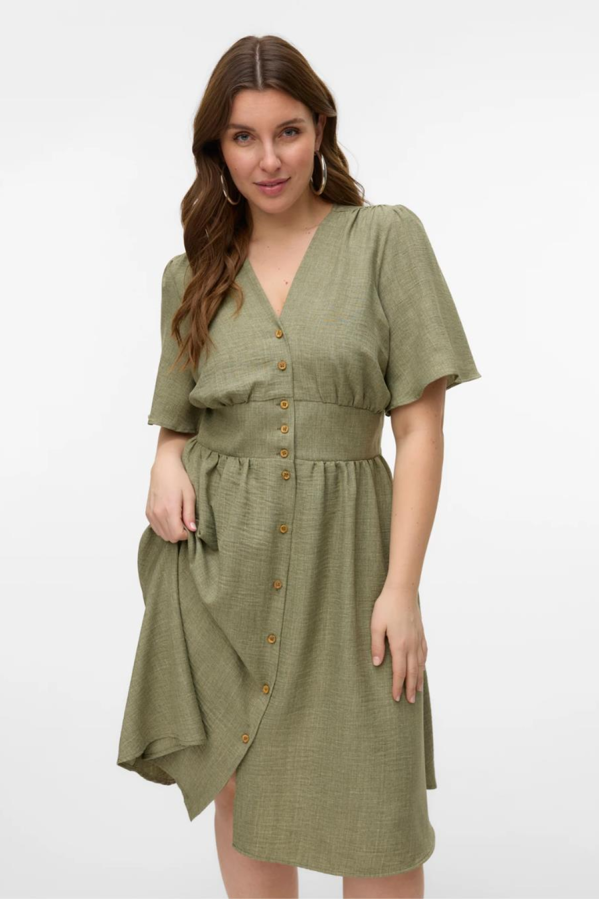 VERO MODA 10337076 V YAKA BATTAL ONU DUGMELI BEL LASTIK GORONOMLU KIS AKOL ELBISE TSHIRT